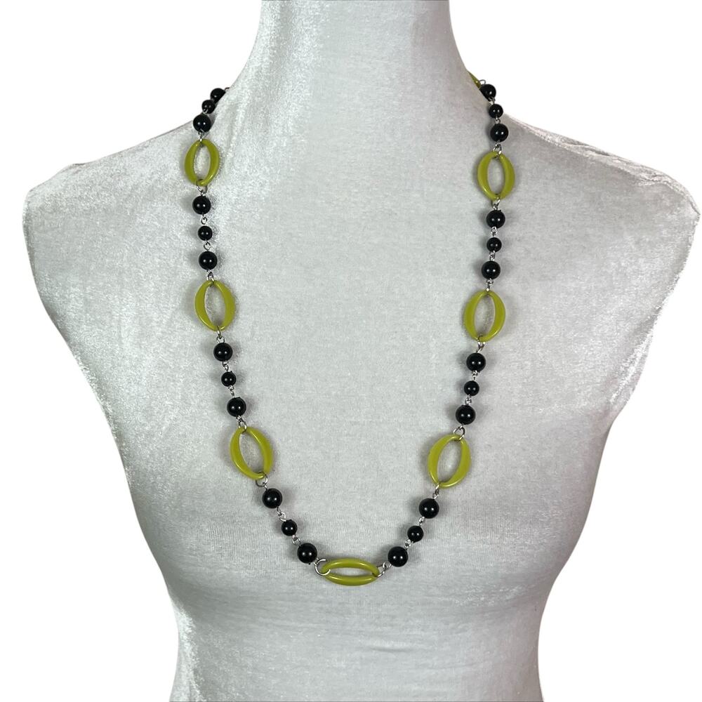 Handmade Lime Green and Black Beaded Silver Tone Necklace Hand Crafted Artisan